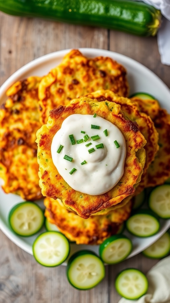 Crispy zucchini fritters on a plate with dipping sauce and fresh herbs.